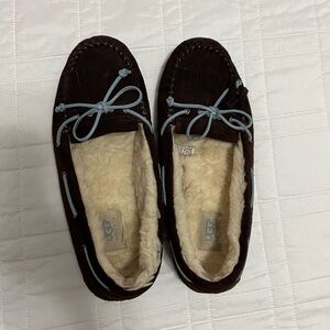 UGG Dakota slippers, brown with blue tie, women’s, size 10, excellent condition!